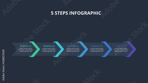 Arrows dark infographic with 5 elements template for web on a black background, business, presentation. Vector