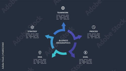 Arrows dark infographic with 5 elements template for web on a black background, business, presentation. Vector