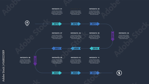 Arrows dark infographic with 11 elements template for web on a black background, business, presentation. Vector