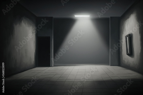 a dim space with a light background a background of an empty street scene lit by abstract spotlights. Black, dark, and gray interior texture with a studio area and abstract cement wall. Generative AI © AkuAku