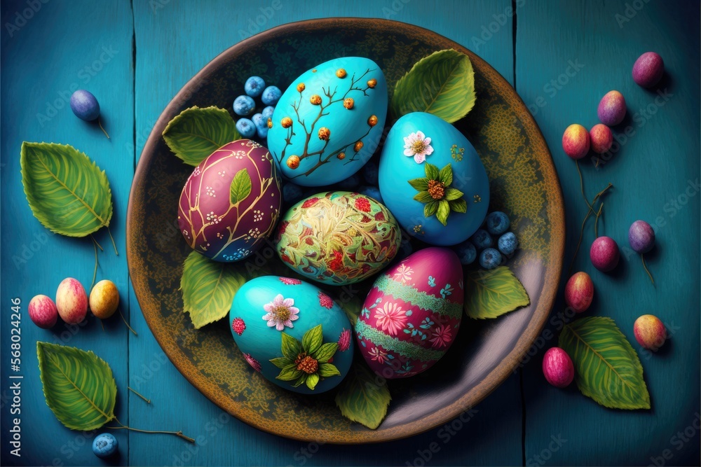 Fototapeta premium Easter eggs with copy space in the style of children-friendly cartoon animation generative ai Illustration