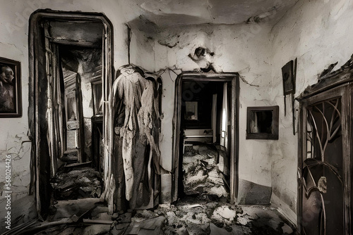 old abandoned building. scary interior. old abandoned building. old abandoned building. old house. horror house. spooky house. halloween. uncanny place. haunting. scary. AI generated