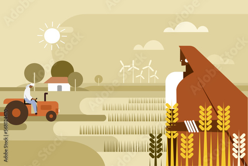 Illustration of an Indian farmer family engaged in the farming activities in the Fototapet