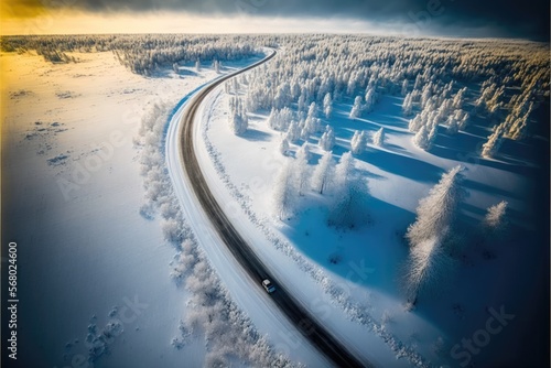 ariel view drone high altitude wide shot of  a road in the middle of the icy snow landscape generative ai  photo