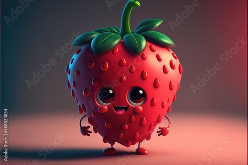 a cute adorable red strawberry character the style of children-friendly cartoon animation fantasy style generative ai Illustration