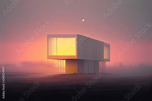 Futuristisches Haus in Nebel
