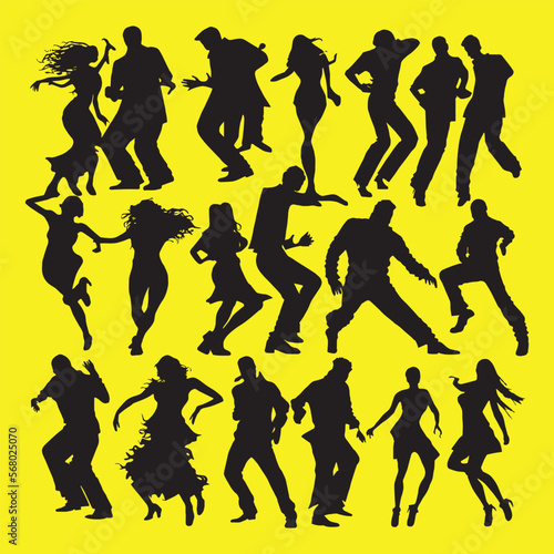 silhouettes of dancing people group vector illustration. Dancing man and woman, couple silhouette set