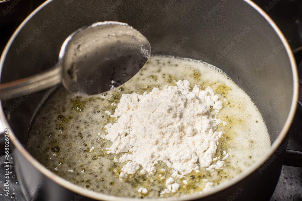 cooking sauce from butter and flour. Add flour to melted butter. Breading. cooking sauce from butter and flour. Add flour to melted butter. Breading.