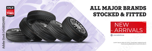 Tire banner. All major brands
stocked  fitted. Car wheels set. New tires pile isolated on white. Wheel car, Car tire, Aluminum wheels isolated on white background. Group of tires. Tyre heap.