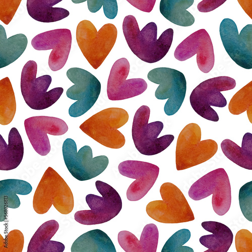 Watercolor seamless pattern with abstract flowers. Abstract watercolor green,purple, orange, red flowers background. Concept love, valentine day greeting card, textile, desing elements.