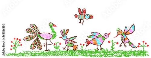Tropical crazy fantastic doodle birds set. Flower summer meadow. Crayon like kid`s hand drawn colorful bright funny jungle flying monsters. Vector pastel chalk or pencil childlike cartoon art
