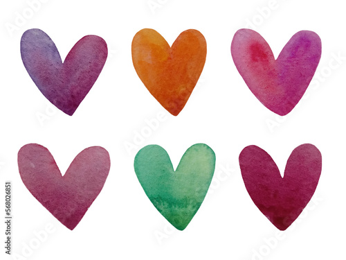 Watercolor set of colored hearts. Abstract watercolor green,purple, orange, red heart background. Concept love, valentine day greeting card,design elements.
