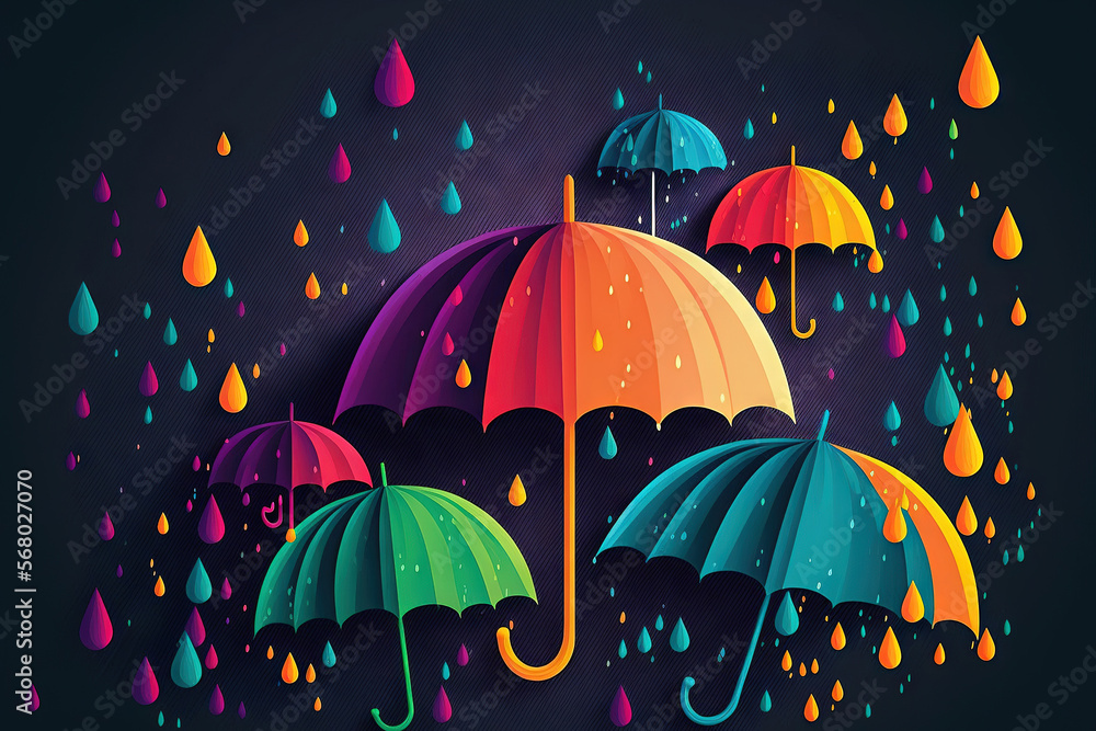 umbrellas in the rain backdrop for banners, cards, posters, social media desktops, etc. Generative AI