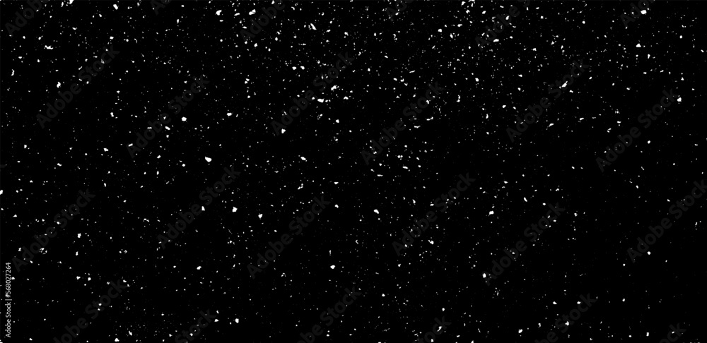 Snow, stars, twinkling lights, rain drops on black background. Abstract vector noise. Small particles of debris and dust. Distressed uneven grunge texture overlay.