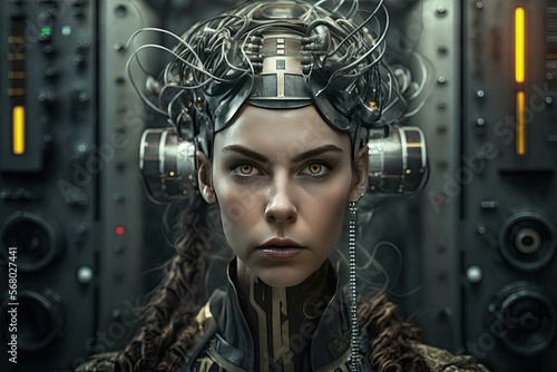 Woman plugged into advanced futuristic machinery. Generative AI illustration.