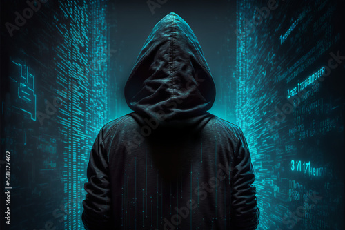 Cyber-security hacker with a hoodie hiding face -computer technology background wallpaper created with a Generative AI technology 