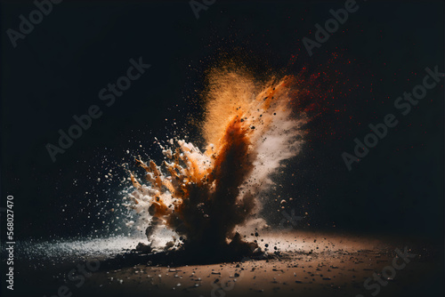 Particles explosion, colorful bomb, dust explosion on dark background. Powder explosion. Generative AI