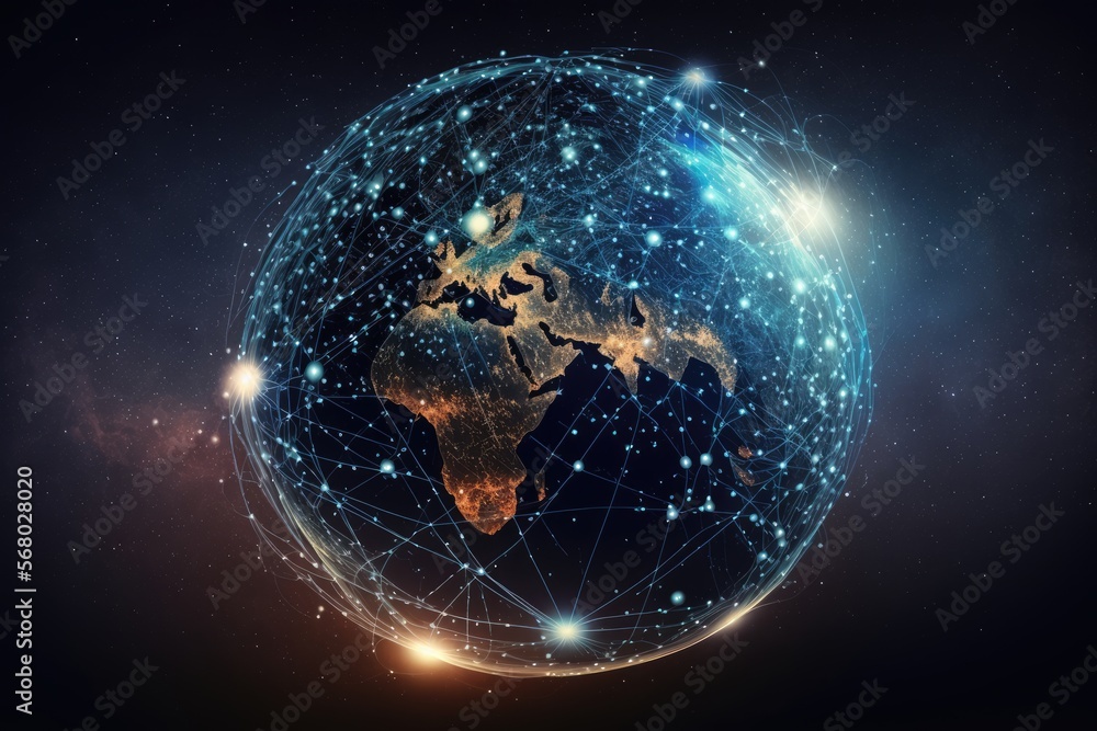 Obraz premium Generative AI illustration of network connection around planet Earth. View from space of global communication technology, internet connection, mobile, web, big data.