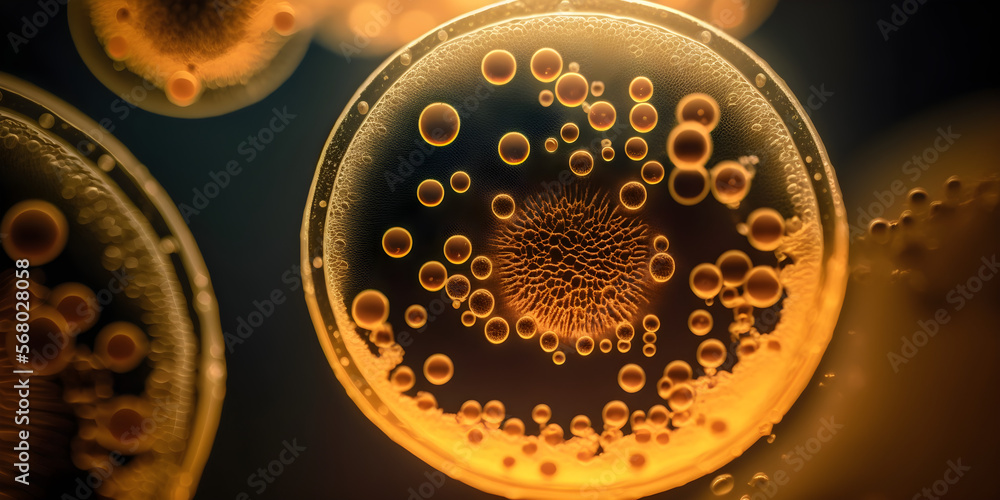 Macro shot of bacteria and virus cells in a scientific laboratory petri