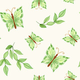 Watercolor Seamless Pattern with Green Butterflies and Branch. Spring Illustration with Insects.