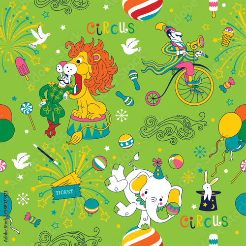 Colorful children's pattern "Circus". Tamer, tightrope walker and elephant juggler - circus performers in the arena. Vector graphics.Печать