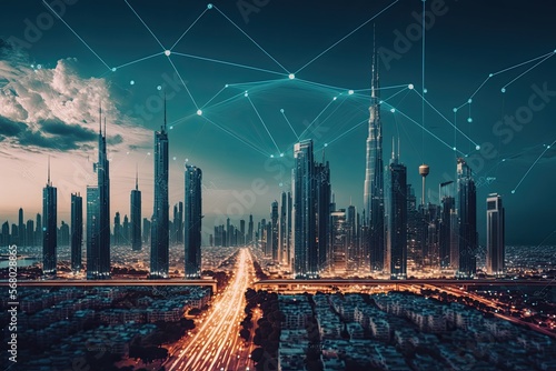 Futuristic cityscape. Concept of blockchain, 5G network, wifi hotspot access, cyber security, digital technology. Generative AI illustration.