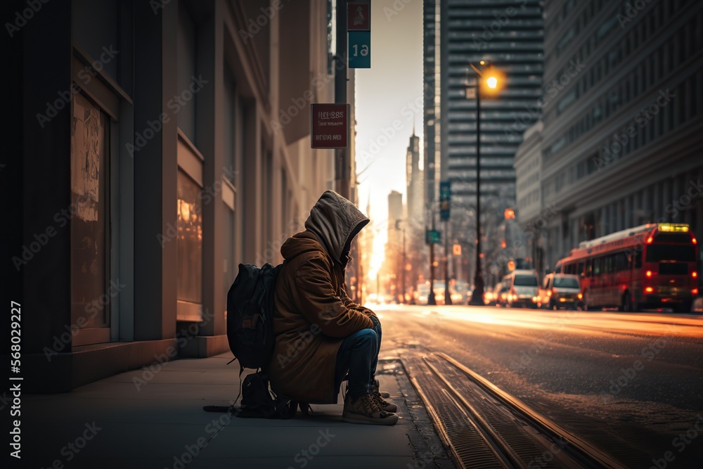 Homeless person sitting on sidewalk surrounded by busy cityscape, concept of Urban Poverty and Social Inequality, created with Generative AI technology - obrazy, fototapety, plakaty 