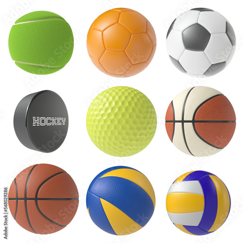 Sport ball set isolated transparent background 3d rendering 