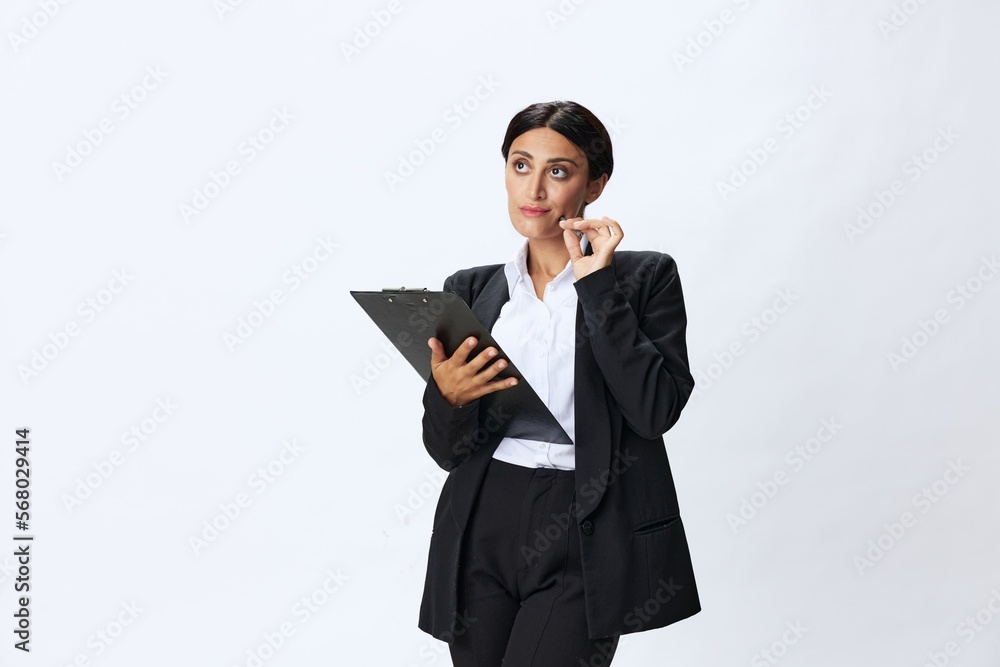 Business woman folder with documents in black business suit shows signals gestures and emotions on white background, freelancer job online time management