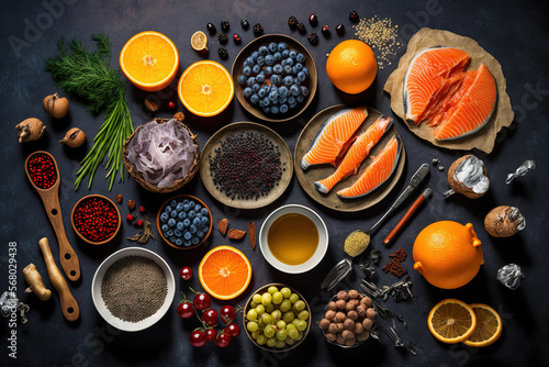 On a gray background, an assortment of healthy foods. Concept of a clean diet and detox. foods that are rich in antioxidants, vitamins, and minerals. Age defying foods. Generative AI