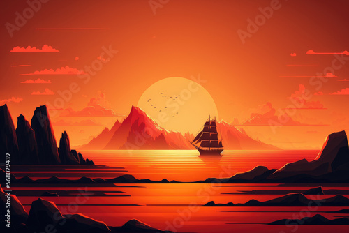 a stunning orange sunset with a horizon can be seen at sea. Generative AI