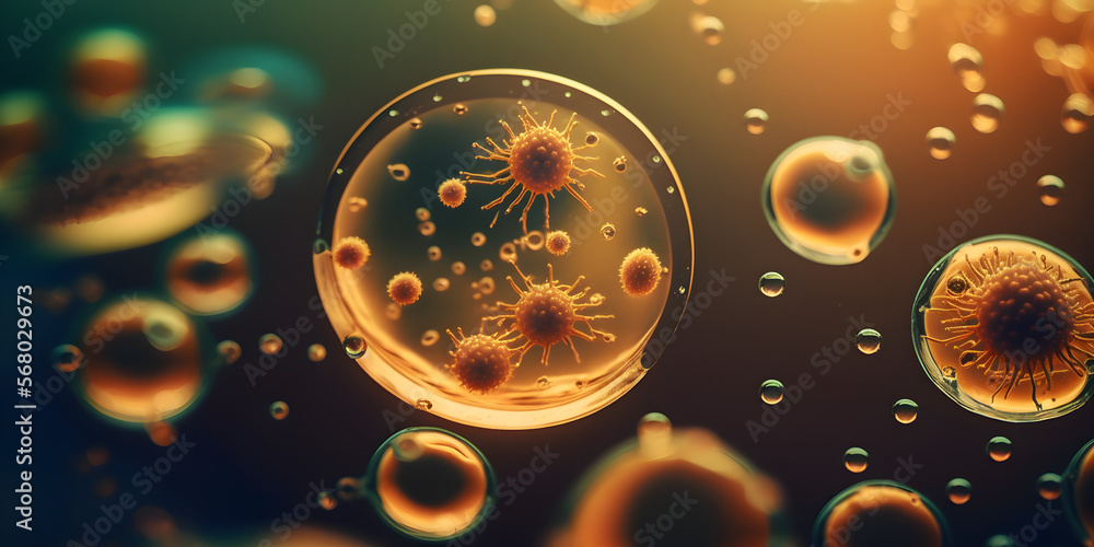 Macro shot of bacteria and virus cells in a scientific laboratory petri