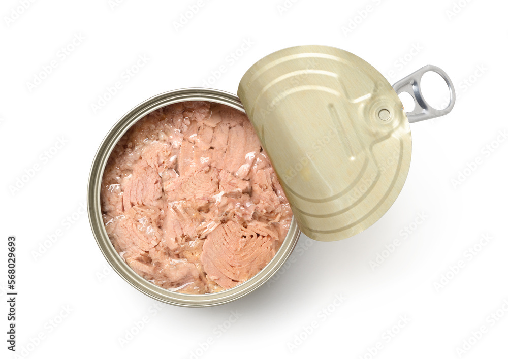 Top view of Canned tuna isolated on white background. Clipping path. Top view of Canned tuna isolated on white background. Clipping path.
