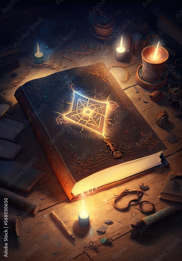 wizard's grimoire open on a wooden table, surrounded by glowing runes ...