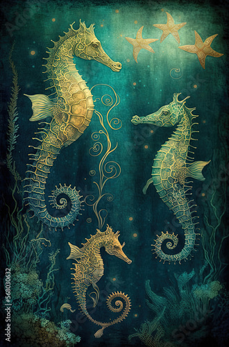 Underwater, seahorses, algae. Generative AI. © ART IS AN EXPLOSION.