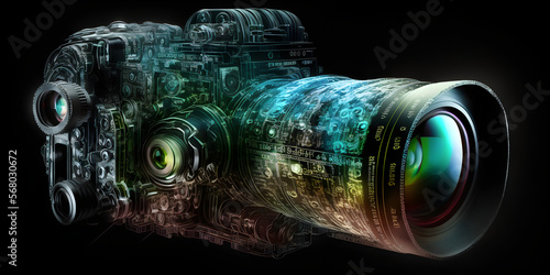 Cool Camera. Particles consist camera. Magic photo camera. Isolated on black background. Generative AI
