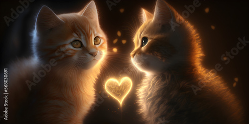 Cute fluffy cat hugging valentines day heart. Two Cat in love. generative ai