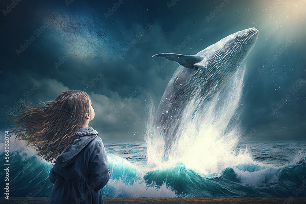 anime girl looking at a whale in the ocean with birds flying around.  generative ai. 28462229 Stock Photo at Vecteezy