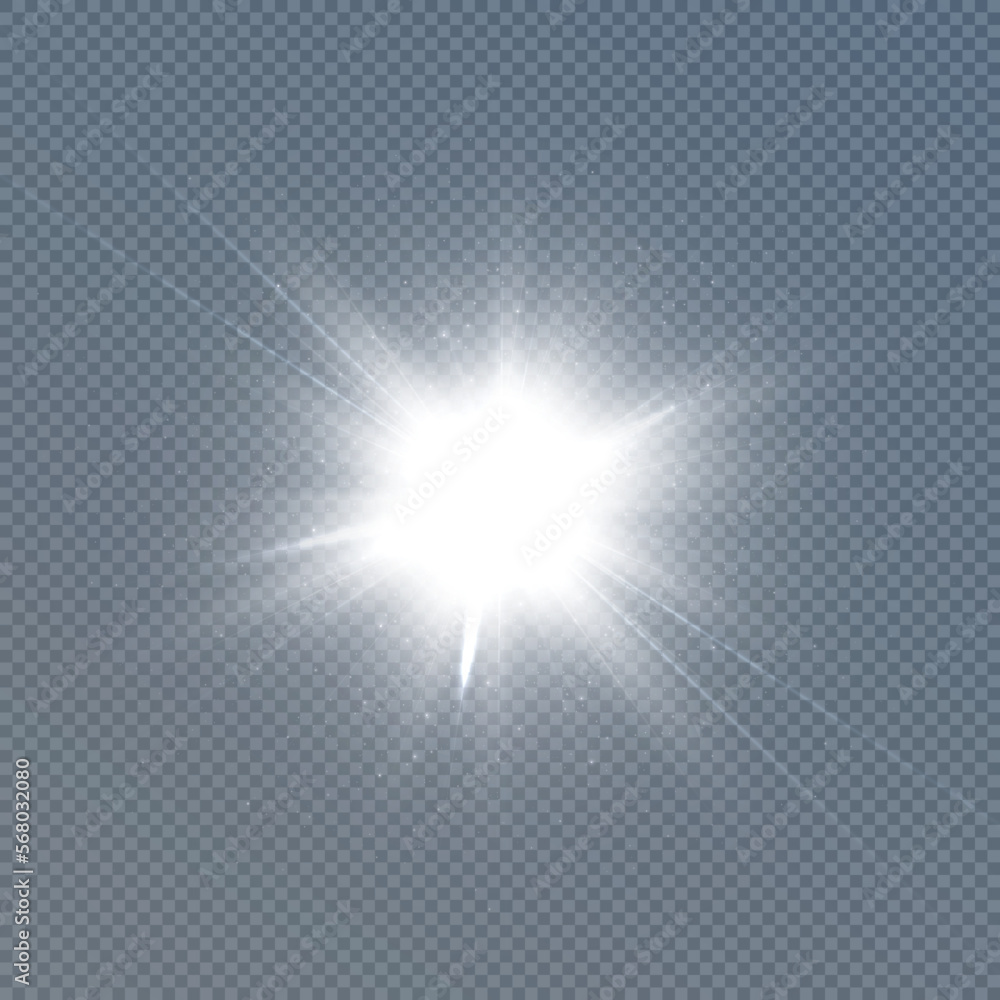 The bright sun shines with rays, vector illustration Glow of a bright star on a transparent background. Flash of light, sun, twinkle. Vector for web design and illustrations.