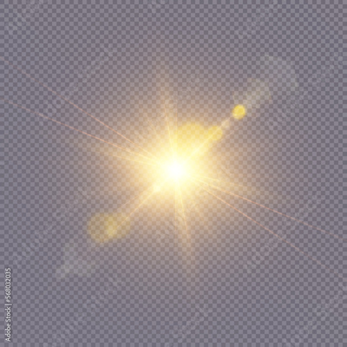 Bright sun shines with warm rays, vector illustration Glow gold star on a transparent background. Flash of light, sun, twinkle. Vector for web design and illustrations. 