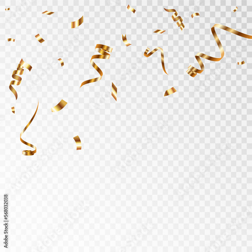 Set of golden confetti isolated on white background. Golden curly serpentine ribbons for holiday decoration, party web design elements for birthday decoration, holiday carnival or holiday greeting. 
