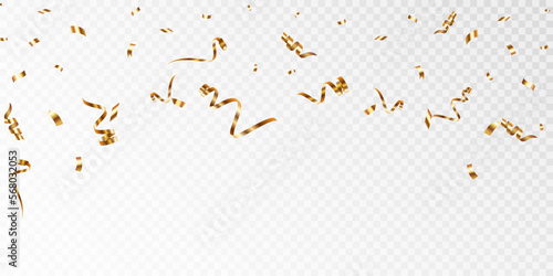 Set of golden confetti isolated on white background. Golden curly serpentine ribbons for holiday decoration, party web design elements for birthday decoration, holiday carnival or holiday greeting. 