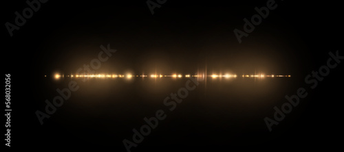 Abstract stylish golden light effect on black background. Gold glowing shimmering lines. Golden glowing dust and glare. Flash Light. Light trail. Vector illustration. 