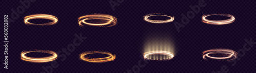 Round teleport podium. Light gold swirl. Sci-fi digital hi-tech in glowing HUD projector. Magic gate in fantasy game. Artificial Intelligence.