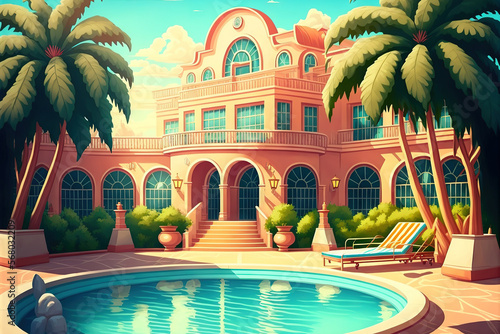 Pool at a summertime resort hotel and spa luxurious getaway and fantasy vacation concept for the summer. Generative AI