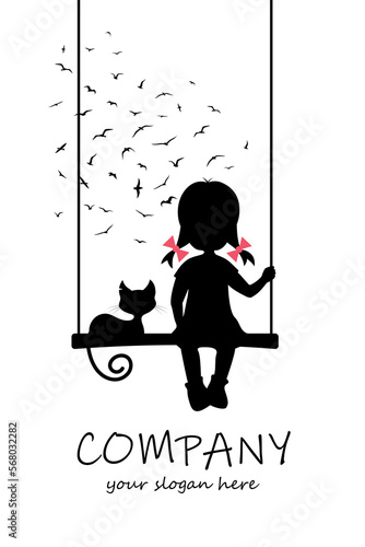 A little girl sits on a swing with a cat.