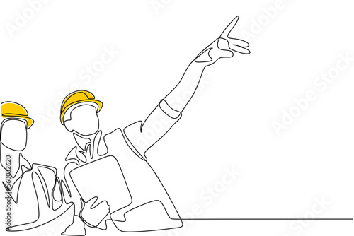 Single continuous line drawing of young construction manager giving instruction to builder coordinator at site meeting. Building architecture business concept. One line draw design vector