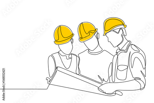 Single continuous line drawing of young construction manager giving instruction to builder coordinator at site meeting. Building architecture business concept. One line draw design vector