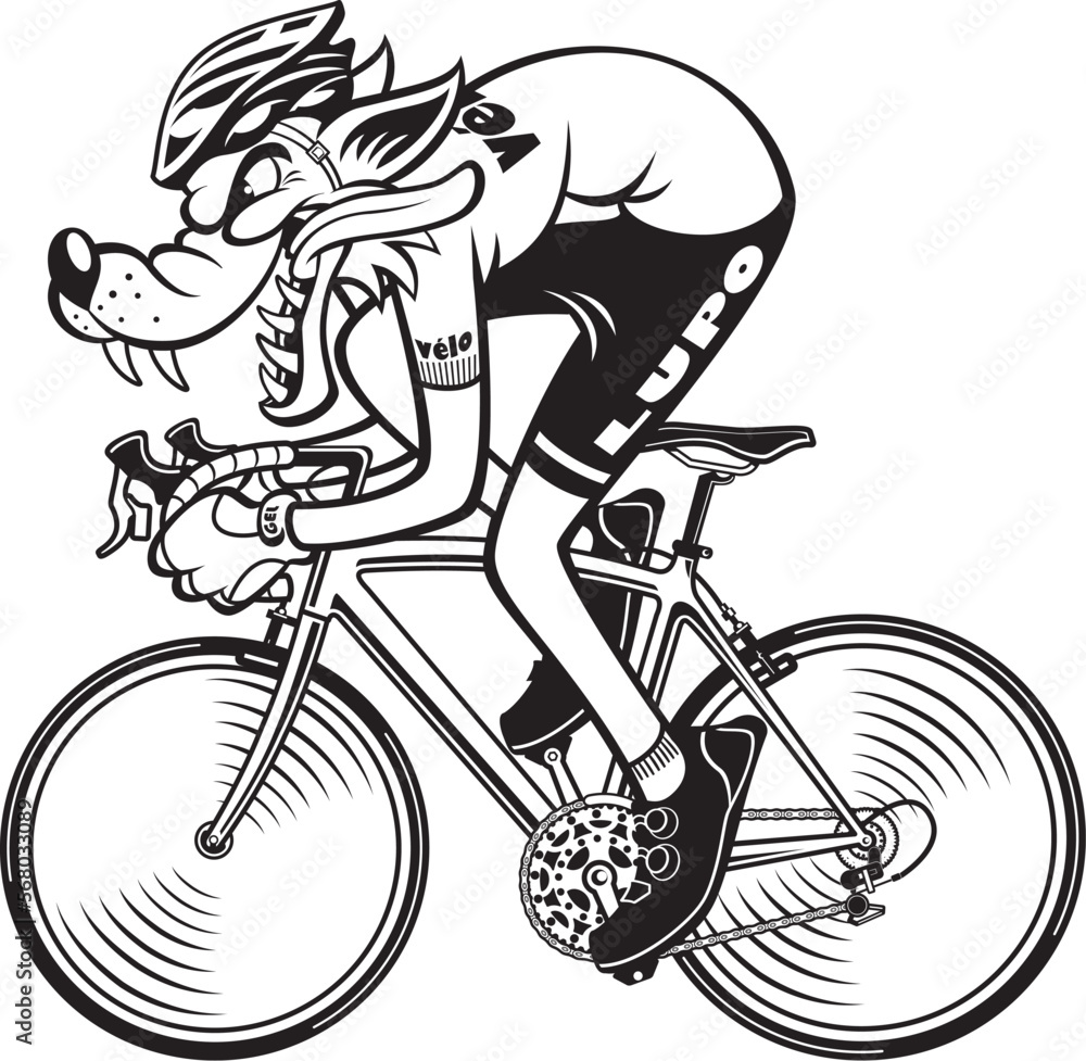 Naklejka premium illustration of Cartoon style wolf riding racing bicycle