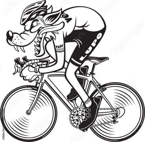 illustration of Cartoon style wolf riding racing bicycle